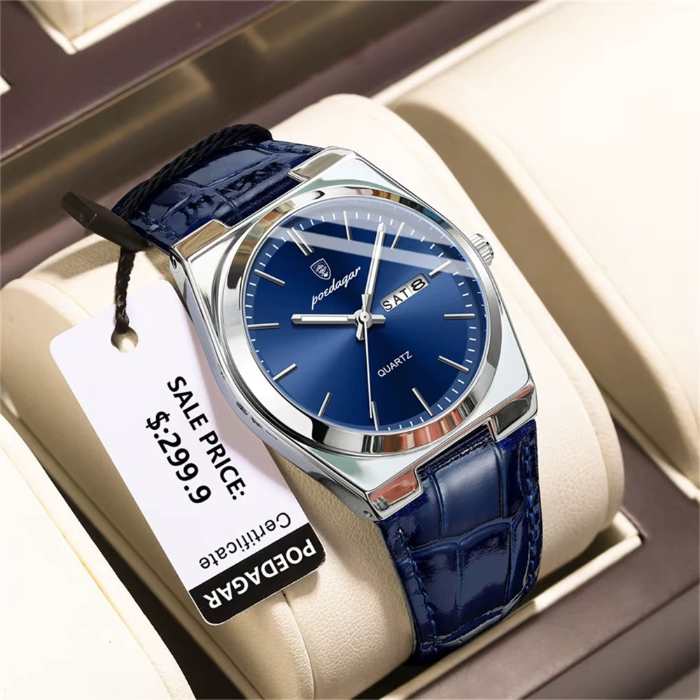 Montre Homme PEODAGAR™_ Bracelet 100 % cuir de couleur bleu élégante