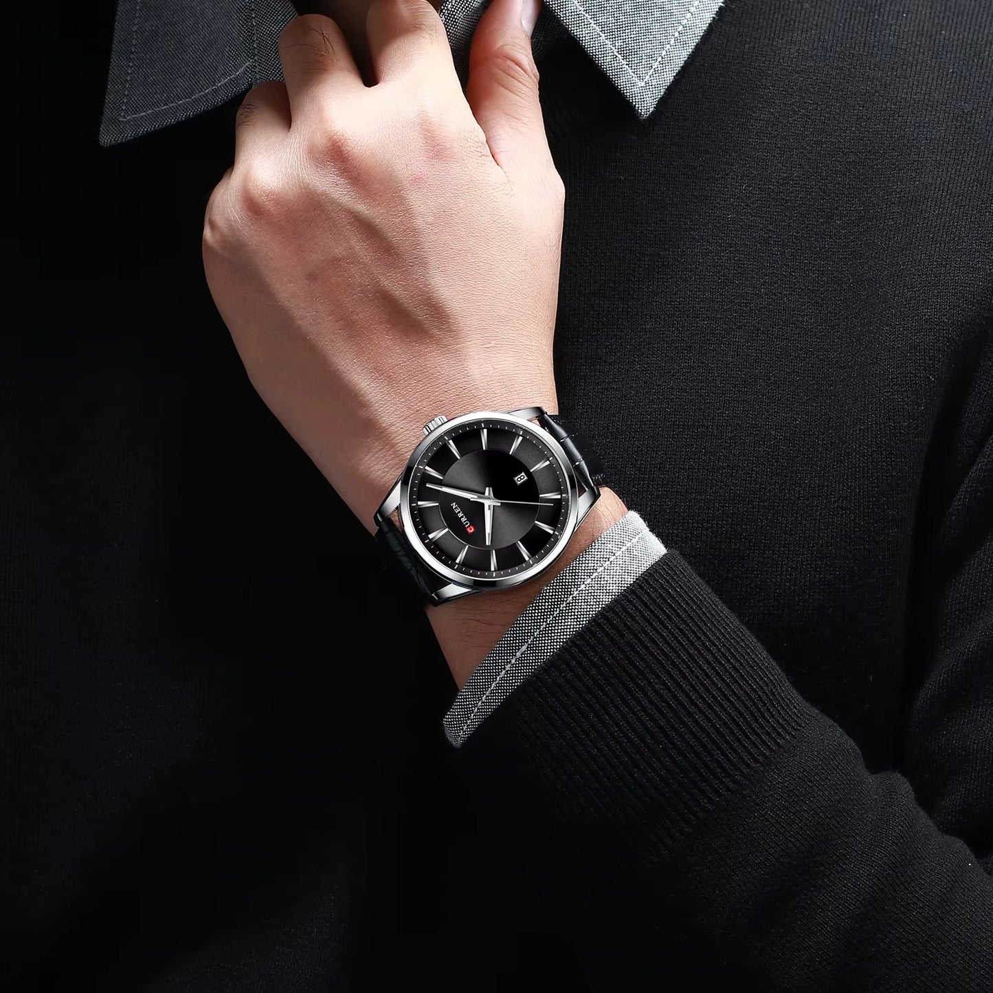 Montre CURREN Homme 100% en Cuir de couleur Noir